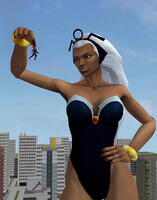 breasts giantess white_hair city mega large_breasts long_hair blue_eyes cleavage buildings boots storm dark_skin cape leotard bracelet tiara hands_on_hips x-men thor pinched looking_at_tiny digital_render bare_legs marvel_comics roodedude