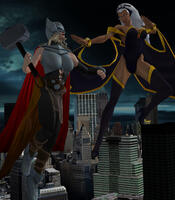 breasts giantess white_hair city mega blonde large_breasts long_hair armor cleavage buildings boots storm fighting giantesses avengers dark_skin cape leotard bracelet tiara x-men hammer helmet thor white_eyes digital_render bare_legs marvel_comics roodedude jane_foster