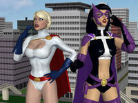 breasts giantess vore city mega blonde black_hair long_hair blue_eyes handheld cleavage buildings gloves short_hair boots giantesses mask costume cape belt leotard power_girl huntress digital_render dc_comics bare_legs roodedude