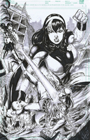 breasts drawing giantess city mega alien monochrome black_hair gun buildings boots fighting sketch fist ruins costume hairband debris dc_comics shrinking_violet legion_of_superheroes hair_streak ashkel