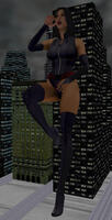 breasts giantess vore city mega black_hair large_breasts long_hair buildings asian boots leaning_against_building belt leotard x-men zipper looking_at_tiny psylocke digital_render bare_legs marvel_comics roodedude
