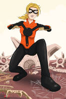 breasts drawing giantess mega blonde color large_breasts long_hair blue_eyes blood ponytail boots foot_crush cruel mask avengers costume debris iron_man looking_at_tiny cassie_lang stature spider-man marvel_comics giantwaifus thanos infinity_gauntlet doctor_strange