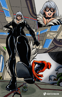 breasts drawing giantess white_hair comic color large_breasts blue_eyes cleavage gloves short_hair foot_crush muscles collar shrunken_man sunglasses cruel mask tentacles indoors costume catsuit giantessfan jumpsuit hands_on_hips laboratory imminent_crush zipper thief looking_at_tiny black_cat spider-man marvel_comics cutaway doctor_octopus felicia_hardy