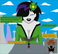 breasts drawing giantess city mega black_hair color large_breasts cleavage gloves red_hair costume closed_eyes dialogue white_skin dc_comics bare_legs shrinking_violet nightcore100 legion_of_superheroes cutaway flower_in_hair hair_streak lightning_lass