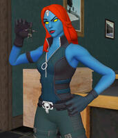 breasts yellow_eyes gloves red_hair blue_skin shrunken_man indoors costume belt hands_on_hips x-men zipper pinched looking_at_tiny digital_render mystique shortpack marvel_comics roodedude