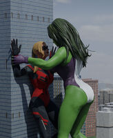 breasts giantess city mega blonde butt buildings gloves green_hair ponytail muscles giantesses mask pinned leaning_against_building costume leotard green_skin digital_render she-hulk bare_legs cassie_lang stature marvel_comics ci0
