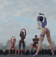 breasts giantess city mega blonde black_hair large_breasts butt cleavage buildings shoes multiple_sizes gloves asian park red_hair boots muscles workout giantesses crouching costume stretching giant_girl leotard bending_forward digital_render cleavage_window gwen_stacy mary_jane bare_legs spider-man marvel_comics ci0 yuri_watanabe giant_woman_squad