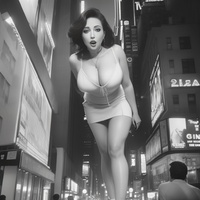 breasts giantess city mega monochrome black_hair large_breasts cleavage buildings dress necklace earrings bending_forward billboards bare_legs looking_at_tinies ai_art lordgts