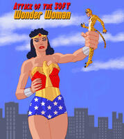 breasts drawing giantess tail city mega black_hair color large_breasts armor blue_eyes handheld buildings cheetah parody costume wonder_woman earrings leotard bracelet tiara attack_of_the_50_foot_woman looking_at_tiny dc_comics bare_legs nick-perks