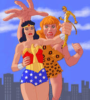 breasts drawing giantess tail city mega black_hair color large_breasts armor blue_eyes handheld buildings green_eyes multiple_sizes cheetah giganta dress giantesses costume wonder_woman earrings leotard tiara orange_hair leopard_print looking_at_tiny dc_comics bare_legs nick-perks