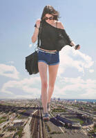 giantess collage clothed unknown_artist sandals shorts walking looking_down sunglasses