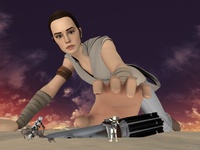 breasts giantess mega armor desert brunette brown_eyes short_hair shrunken_men crawling star_wars reaching sand bike lightsaber looking_at_tiny digital_render rey_(star_wars) stormtroopers revan67 hoverbike