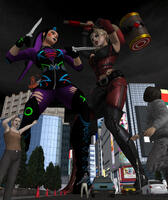 breasts giantess city mega upskirt blonde black_hair skirt buildings stockings gloves asian ponytail boots harley_quinn twintails fighting giantesses pants vehicles corset belt crowds bracelet hammer crane makeup digital_render knives dc_comics roodedude clown_makeup bare_midriff hair_streak punchline