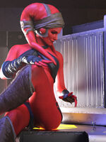 lekku twilek breasts alien bra skirt gloves boots sitting star_wars shrunken_man tentacles top headband legs_crossed red_skin lightsaber looking_at_tiny digital_render sith bare_legs bare_midriff jedi sultanofsize