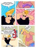 breasts drawing blonde comic color long_hair cleavage angry funny table shrunken_man cartoon sunglasses pants top dialogue hands_on_hips looking_at_tiny cutaway bare_midriff johnny_bravo nokoalashere cartoon_network