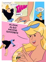 breasts drawing blonde comic color long_hair cleavage funny shrunken_man cartoon sunglasses hand_crush pants top dialogue flicking johnny_bravo nokoalashere cartoon_network