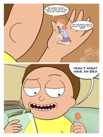 drawing jessica comic color handheld barefoot skirt brunette red_hair shrunken_woman cartoon jar bedroom shirt dialogue hairband on_palm bare_legs rick_and_morty morty_smith nokoalashere