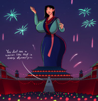 breasts drawing city mega black_hair color large_breasts long_hair butt asian dress night thighs outdoors fireworks disney necklace crowds dialogue palace thick_thighs mulan caiman2