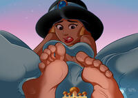 breasts drawing giantess city mega black_hair color barefoot brown_eyes sitting surprised pants dark_skin jasmine aladdin disney earrings top hairband palace confused bare_midriff kisparlius