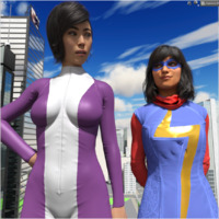 breasts giantess city mega black_hair large_breasts buildings asian giantesses mask dark_skin costume jumpsuit hands_on_hips zipper scarf digital_render ms_marvel spider-man marvel_comics kamala_khan yuri_watanabe giant_woman_squad anttiergod earth_2620