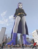 breasts giantess city mega buildings purple_hair purple_eyes raven teen_titans street boots looking_down point_of_view cape belt leotard crowds hands_on_hips running_away looking_at_tiny digital_render dc_comics bare_legs grey_skin gtssrg