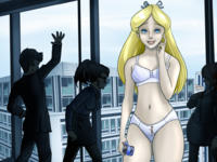 breasts drawing giantess panties city mega blonde color long_hair blue_eyes handheld bra skirt buildings glasses underwear office suit vehicles white_panties alice_in_wonderland disney hair_bow earrings lostperras hanging_on hanging_from_panties bare_legs office_workers bare_midriff alice