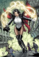 breasts drawing giantess city mega black_hair color large_breasts long_hair buildings dress boots unknown_artist fishnets smoke magic hat shirt hair_bow leotard guns magician top_hat zatanna dc_comics bare_legs bowtie criminals
