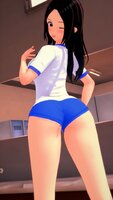 giantess micro black_hair long_hair butt shorts looking_behind locker_room sports_outfit digital_render bare_legs one_eye_closed sports_jersey matt_1mm hanging_from_shorts