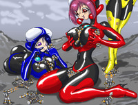 breasts drawing giantess color large_breasts butt armor robot destruction blue_eyes red_eyes breast_crush red_hair lying_down boots foot_crush giantesses hand_crush joanhonekawa thigh_crush between_breasts