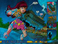 giantess city mega comic blue_eyes handheld water wet moon giganta red_hair ponytail dress night earrings belt dialogue river_boat justice_league casino dc_comics bare_legs