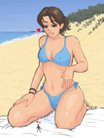bikini breasts drawing color beach cleavage ocean brunette kneeling shrunken_man thighs looking_at_tiny anon bare_legs bare_midriff oldjoygts beach_blanket