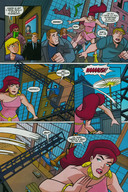 growth giantess city mega comic blue_eyes giganta red_hair ponytail dress boots sunglasses earrings belt dialogue justice_league crane scarf dc_comics bare_legs