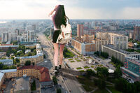 giantess collage city mega black_hair buildings street unknown_artist shorts sunglasses vehicles sneakers backpack behind_view bare_legs