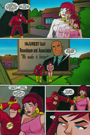 giantess city comic blue_eyes giganta red_hair ponytail dress boots costume earrings dialogue justice_league flash dc_comics billboard bare_legs the_flash