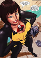 breasts drawing giantess wings color large_breasts robot blue_eyes cleavage brunette gloves shrunken_man costume ant-man dialogue hands_on_hips helmet janet_van_dyne ultron marvel_comics the_wasp between_breasts hank_pym drawnthatwayxx