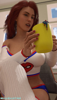 breasts socks red_hair shorts indoors red_nails costume top out_of_focus looking_at_tiny digital_render mary_jane bare_legs spider-man coffee_mug marvel_comics bare_midriff peter_parker nellielle2