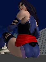 giantess mega black_hair butt_crush gloves asian boots costume leotard x-men looking_behind behind_view psylocke digital_render bare_legs marvel_comics roodedude rogue_(x-men) hair_streak