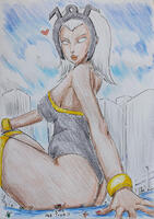 breasts drawing giantess white_hair city mega color buildings butt_crush storm dark_skin leotard bracelet tiara x-men white_eyes bare_legs marvel_comics looking_at_tinies wanbadan321