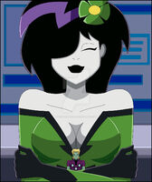 breasts drawing alien blonde black_hair color cleavage gloves shrunken_man hugging costume closed_eyes white_skin green_skin dc_comics shrinking_violet nightcore100 legion_of_superheroes flower_in_hair hair_streak brainiac_5