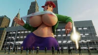 breasts nipples giantess city mega skirt buildings green_eyes red_hair ponytail underboob frankie_foster leaning_against_building jacket earrings digital_render fosters_home_for_imaginary_friends tugging cartoon_network emiliafert hair_pin