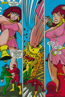 giantess city comic destruction blue_eyes handheld angry giganta red_hair ponytail dress boots foot_crush earrings belt dialogue justice_league flash dc_comics bare_legs the_flash weather_wizard