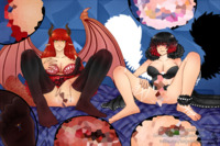 drawing horns black_hair color bra red_eyes red_hair nylons under_foot corset thigh_highs legs_spread majoumegami