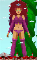 breasts drawing giantess mega alien color large_breasts fantasy green_eyes teen_titans red_hair starfire boots shorts crown village jack_and_the_beanstalk top beanstalk dc_comics orange_skin bare_legs nightcore100 bare_midriff