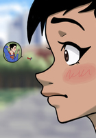 drawing micro blushing black_hair color brown_eyes embarrassed asian shrunken_man dark_skin costume superman lois_lane cape reporter looking_at_tiny dc_comics cutaway my_adventures_with_superman gtsgwess