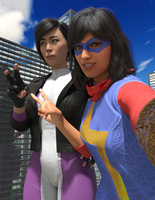 breasts giantess city mega black_hair large_breasts buildings gloves asian giantesses mask dark_skin jacket costume jumpsuit zipper scarf digital_render selfie ms_marvel spider-man marvel_comics kamala_khan yuri_watanabe giant_woman_squad anttiergod earth_2620