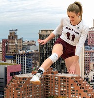 giantess collage city blonde ponytail unknown_artist shorts sneakers athletic stepping_over_buildings