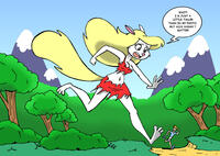 breasts drawing furry tail blonde color long_hair barefoot cleavage skirt mink running cartoon mountains forest outdoors top ripped_clothing dialogue running_away white_fur bare_legs animaniacs drsgrowth bare_midriff minerva_mink