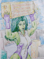 breasts drawing giantess city mega color buildings green_eyes gloves green_hair muscles lifting leotard zipper green_skin she-hulk bare_legs weightlifting marvel_comics wanbadan321