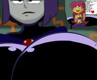 breasts drawing alien color skirt green_eyes purple_hair huge_breasts purple_eyes raven teen_titans red_hair starfire shrunken_woman indoors top belt bracelet dialogue out_of_focus dc_comics orange_skin on_breasts grey_skin cutaway bare_midriff nanobros1