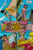 giantess city comic black_hair giganta red_hair ponytail dress fighting punch wonder_woman earrings belt leotard bracelet dialogue justice_league lasso flash dc_comics bare_legs the_flash